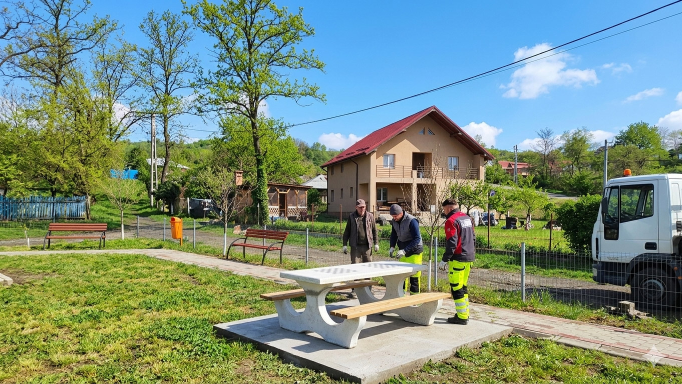 Set masă cu bănci din beton și marmură albă Bogdan 190 cm — mobilier urban de exterior