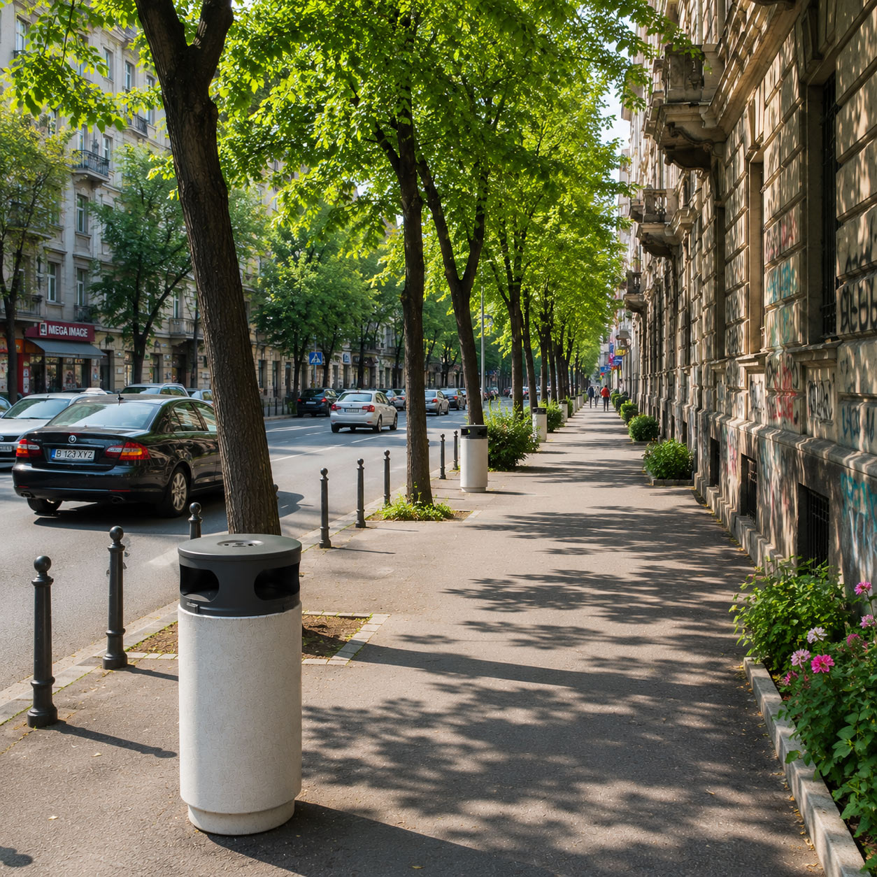 Amenajare cu coșuri de gunoi din beton în București — mobilier urban stradal modern