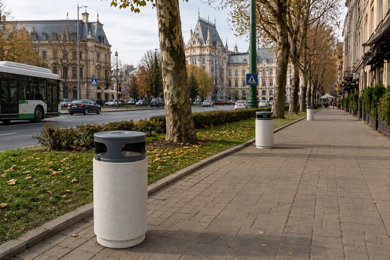 Amenajare cu coșuri de gunoi din beton în Iași — mobilier urban stradal