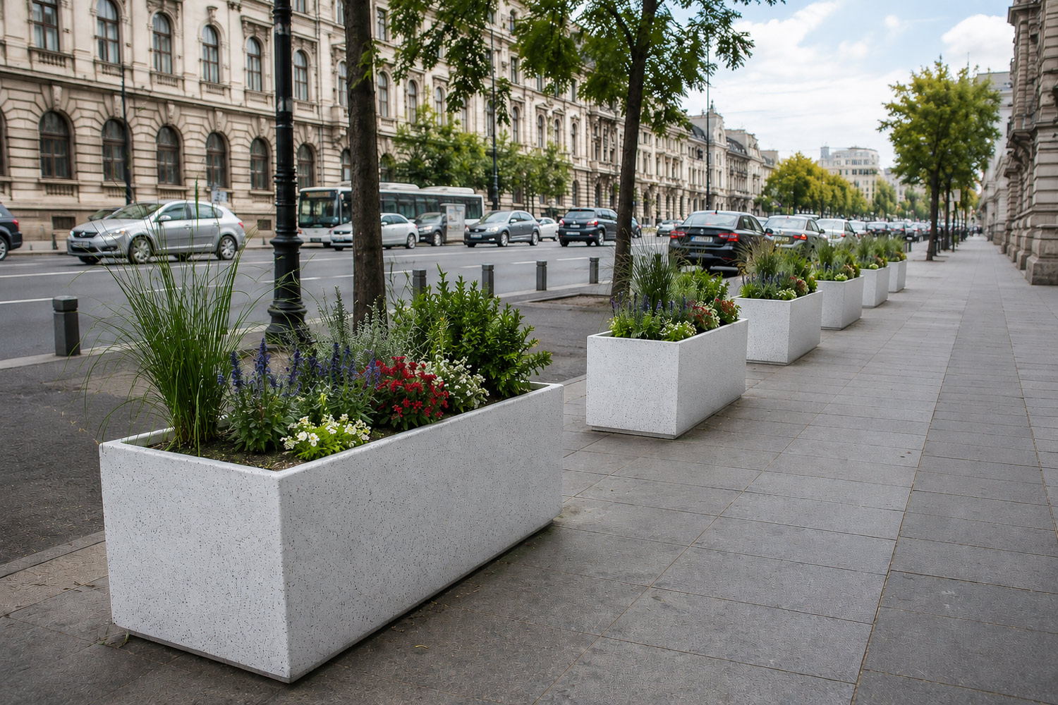 Jardiniere din beton cu finisaj mozaic alb pentru spații publice — eprefabricate.ro