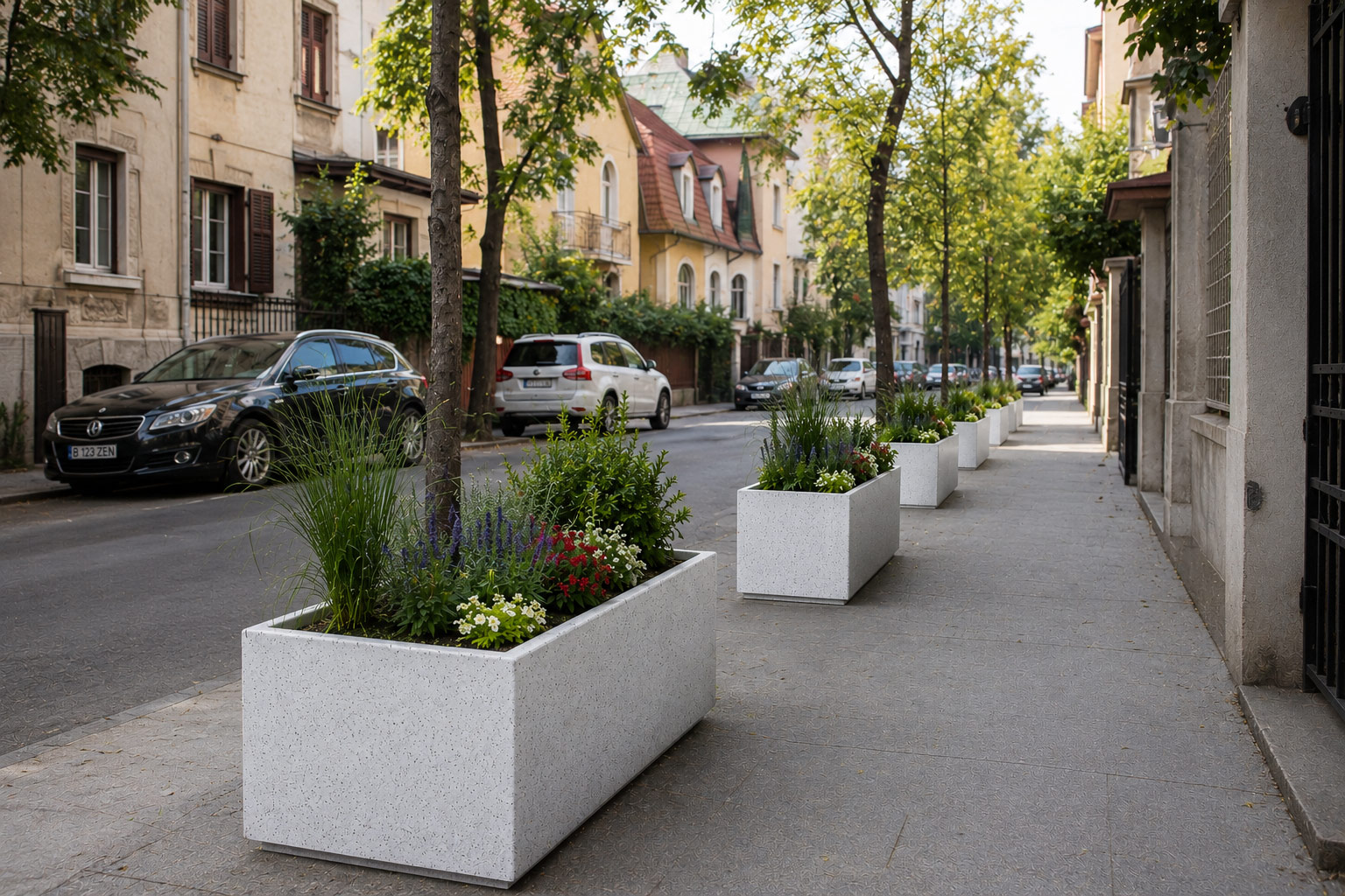 Jardiniere rectangulare din beton albe — mobilier urban stradal — eprefabricate.ro
