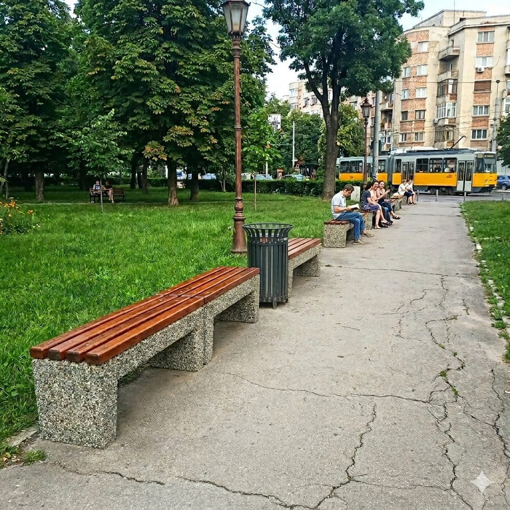 Bancă stradală din beton cu șezut din lemn — parc București